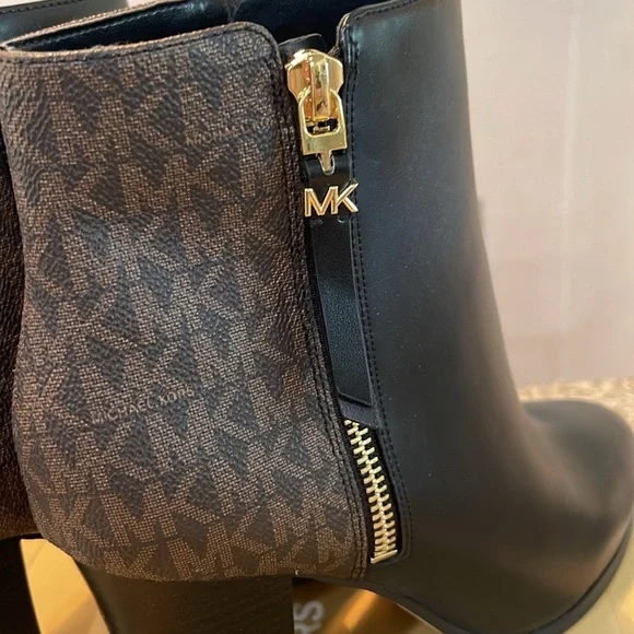 Michael Kors Black and Brown Signature Women's Britt Heeled Ankle Boots - Picture 7 of 7